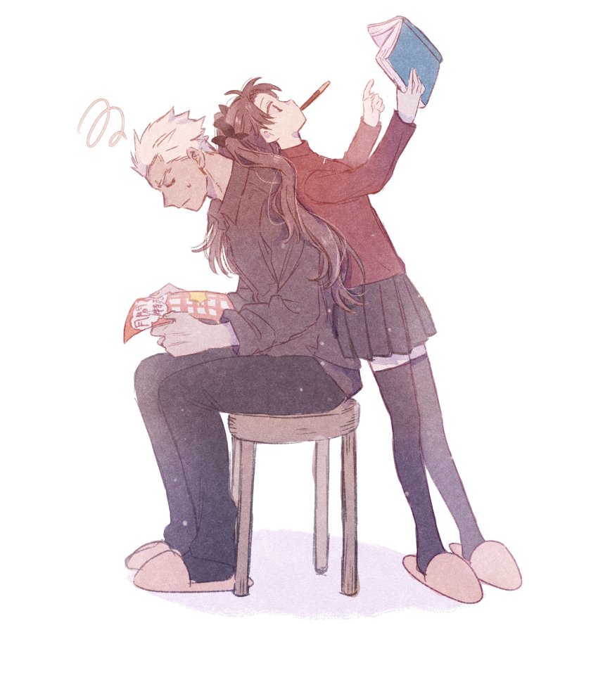 1boy, 1girl, annoyed, archer_(casual_wear)_(fate), archer_(fate), back-to-back, black_hair, black_ribbon