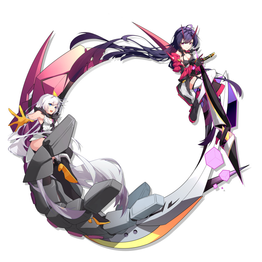 2girls, :o, absurdres, antenna_hair, armor, black_footwear, blue_eyes, boots