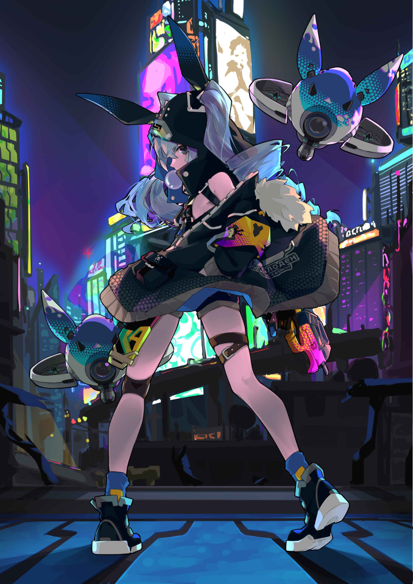 1girl, absurdres, animal_hood, back, black_jacket, black_shoes, blowing_bubble_gum, blowing_bubbles, blue_legwear, bronya_zaychik, bronya_zaychik_(haxxor_bunny), building, bullpup, chewing_gum, city, city_lights, denim, denim_shorts, drill_hair, drone, full_body, grey_eyes, grey_hair, gun, hair_between_eyes, hand_in_pocket, highres, holding, holding_gun, holding_weapon, honkai_(series), honkai_impact_3rd, hood, jacket, knee_pads, linxi, looking_at_viewer, looking_back, night, outdoors, p90, rabbit_hood, shoes, shorts, single_knee_pad, sky, sneakers, solo, standing, submachine_gun, twin_drills, weapon