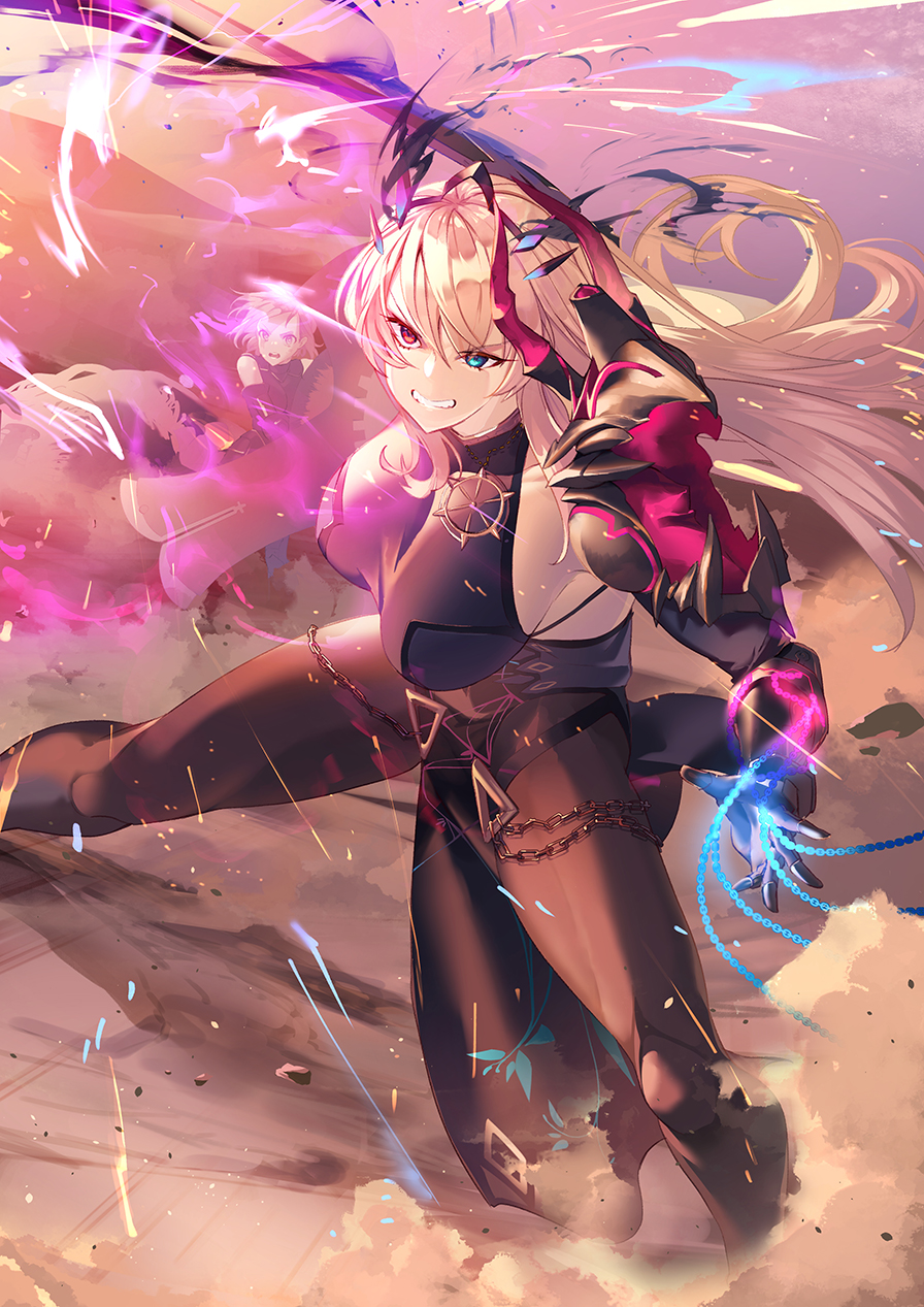 2girls, armor, asymmetrical_dual_wielding, aura, bare_shoulders, barghest_(fate), barghest_(second_ascension)_(fate), black_dress