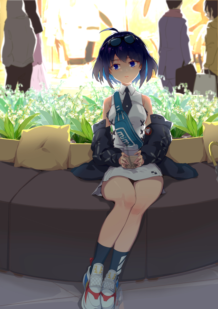 1girl, absurdres, antenna_hair, bare_shoulders, black_jacket, blue_eyes, blue_hair, blue_legwear