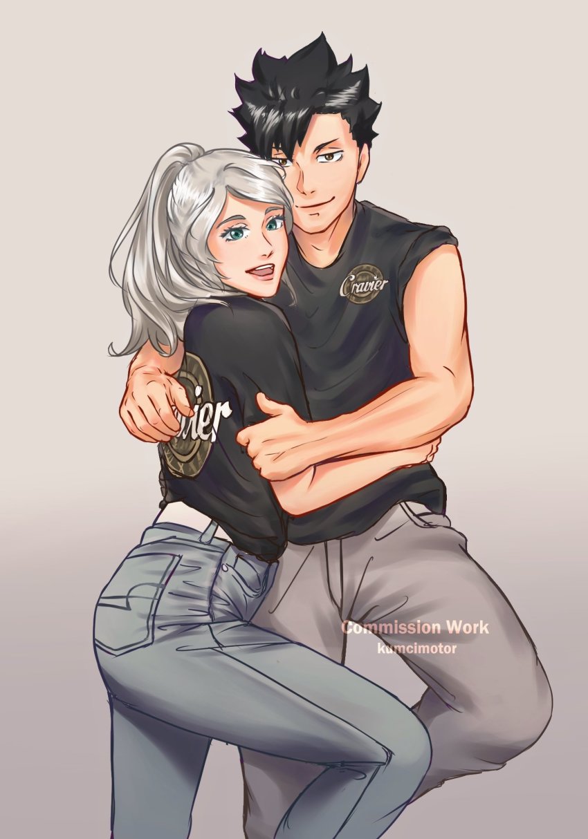 1boy, 1girl, alternate_hair_color, artist_name, belt, black_hair, black_shirt, casual, commission, couple, denim, green_eyes, grey_hair, haiba_arisa, haikyuu!!, height_difference, hetero, highres, hug, jeans, kumcimotor, kuroo_tetsurou, long_hair, looking_at_viewer, pants, ponytail, shirt, short_hair, smile, standing, standing_on_one_leg
