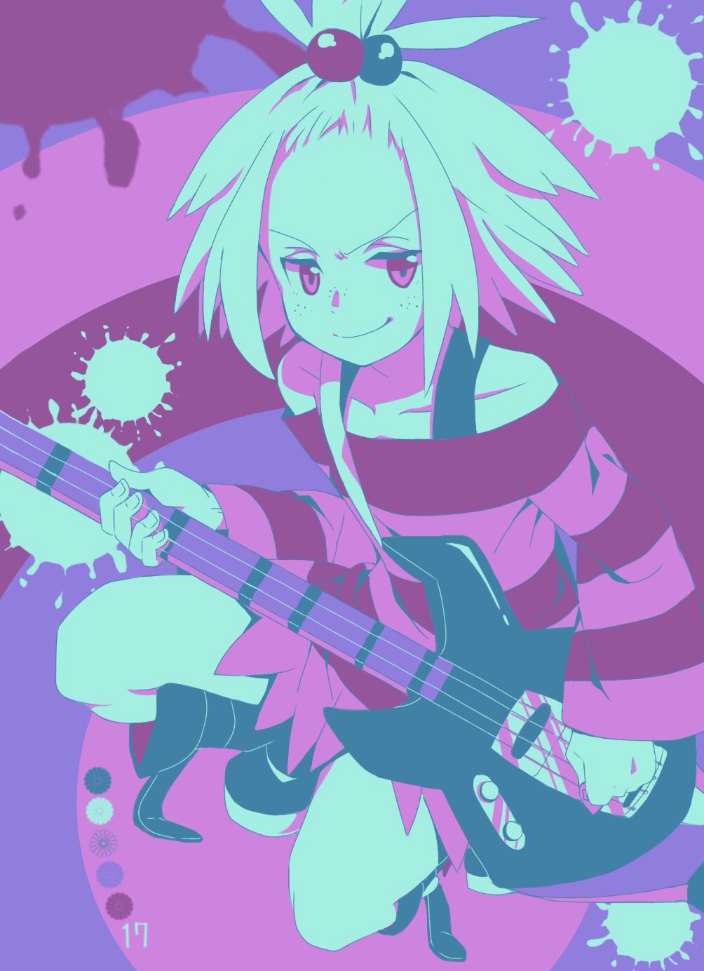 1girl, aoya_(ayoyame18), bass_guitar, black_boots, boots, closed_mouth, commentary_request, dress