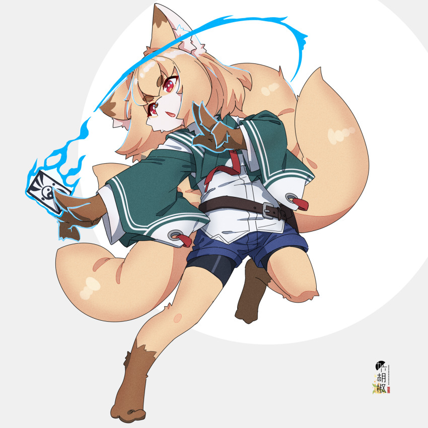 1girl, animal_ear_fluff, animal_ears, between_fingers, bike_shorts, black_shorts, blue_shorts, card