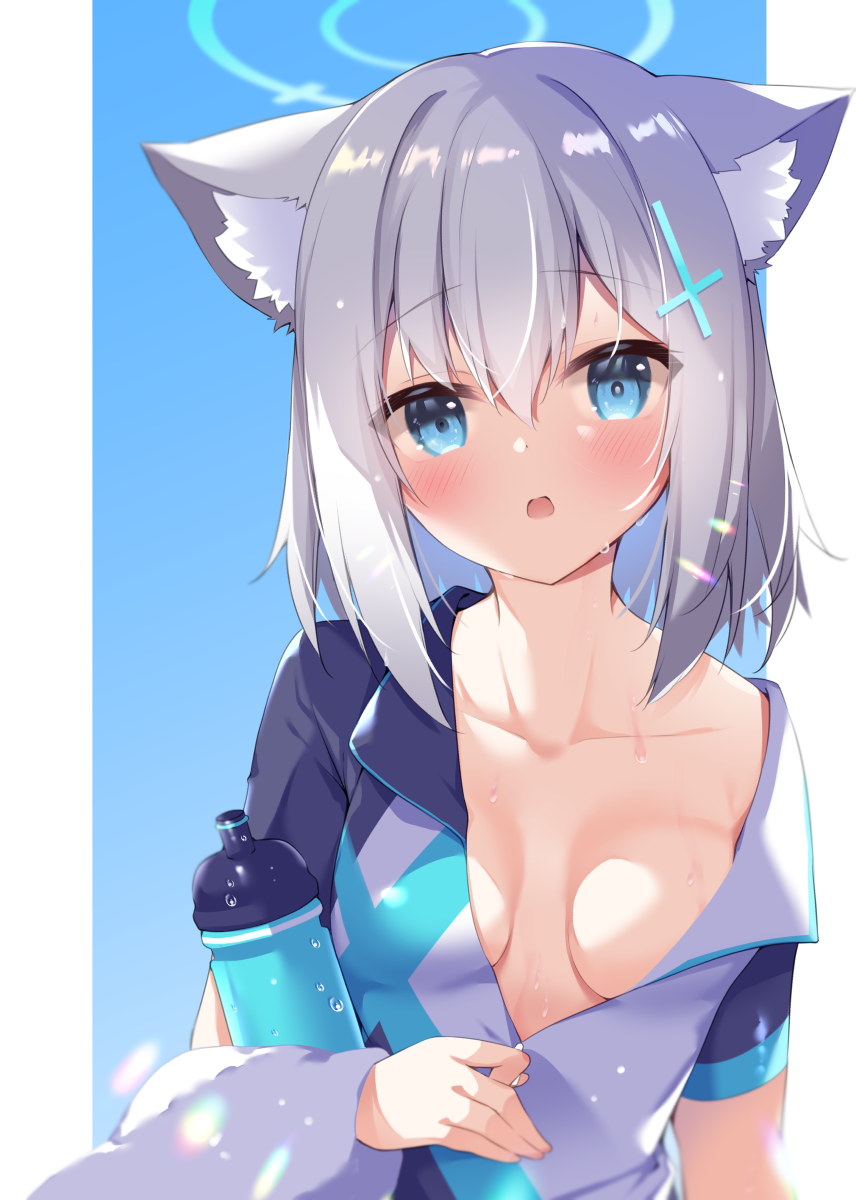 1girl, animal_ears, blue_archive, blue_eyes, blush, bottle, breasts, carrying