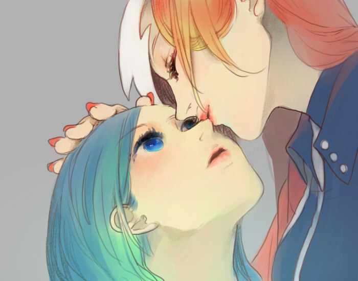 2girls, aikawa_jun, aqua_hair, bad_id, bad_pixiv_id, blue_eyes, dosei, kiss, kunagisa_tomo, multiple_girls, red_hair, yuri, zaregoto_series