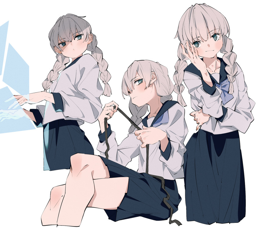 1boy, braid, crossdressing, crossdressing_(mtf), crossed_legs, grey_eyes, grey_hair, highres, juusan_kihei_bouei_ken, long_hair, long_sleeves, looking_at_viewer, male_focus, okino_tsukasa, pleated_skirt, school_uniform, shiomi_(lowrise), skirt, smile, solo, trap, twin_braids, very_long_hair