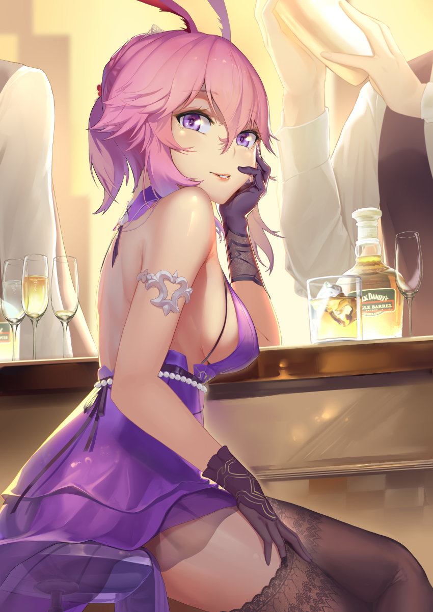 1girl, absurdres, alcohol, animal_ears, armlet, bad_id, bad_pixiv_id, bar_(place)