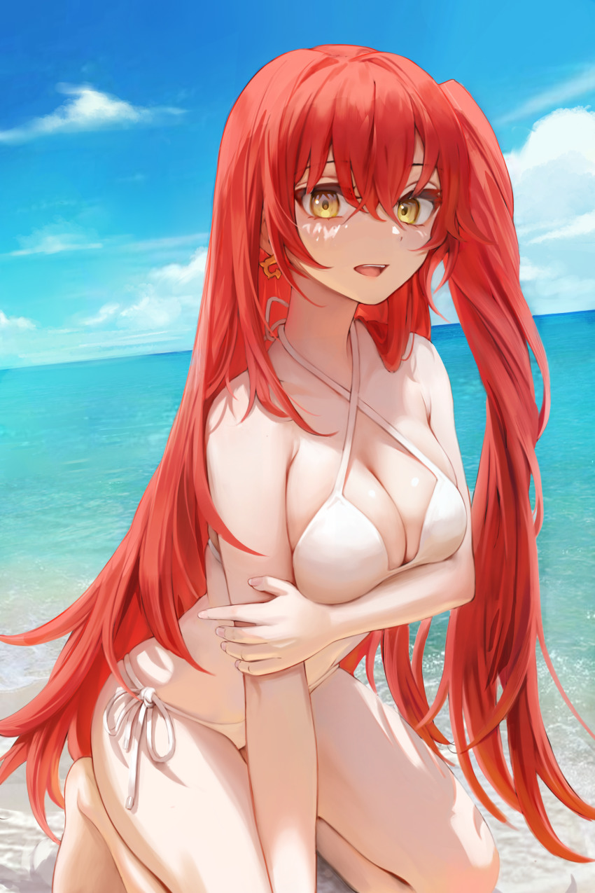 1girl, :d, absurdres, alchemy_stars, alternate_costume, arm_under_breasts, bare_legs, bare_shoulders