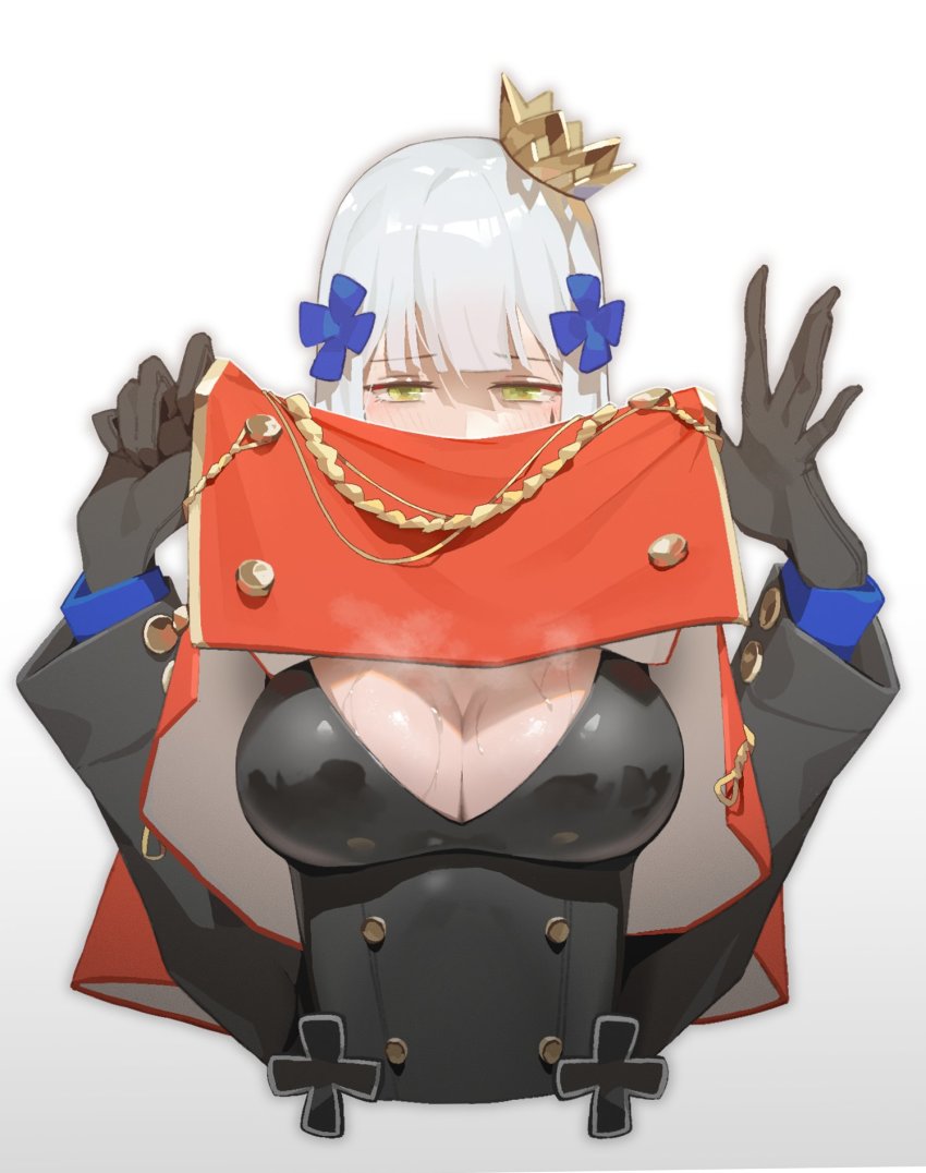 1girl, black_gloves, blunt_bangs, blush, breasts, cleavage, clothes_lift, cropped_torso