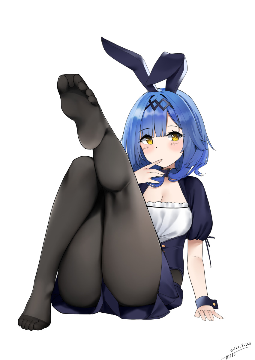 1girl, absurdres, azur_lane, blue_hair, blush, breasts, cleavage, feet, finger_to_mouth, highres, leg_up, long_hair, looking_at_viewer, medium_breasts, nautilus_(azur_lane), pantyhose, rabbit_ears, soles, solo, toes, yellow_eyes