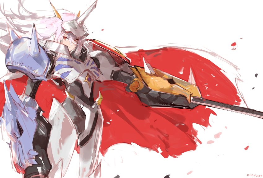 1other, absurdres, androgynous, arm_blade, arm_cannon, armor, cape, commentary, cosplay, digimon, dokuro_deluxe, english_commentary, floating_hair, hair_between_eyes, highres, hololive, hololive_english, horns, long_hair, name_connection, omega_alpha, omegamon, omegamon_(cosplay), power_armor, red_cape, red_eyes, silver_hair, single_horn, solo, virtual_youtuber, weapon, white_background
