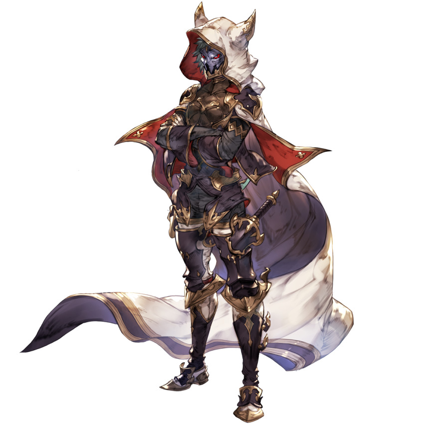 1boy, black_pants, cape, crossed_arms, full_body, gloves, granblue_fantasy, hood