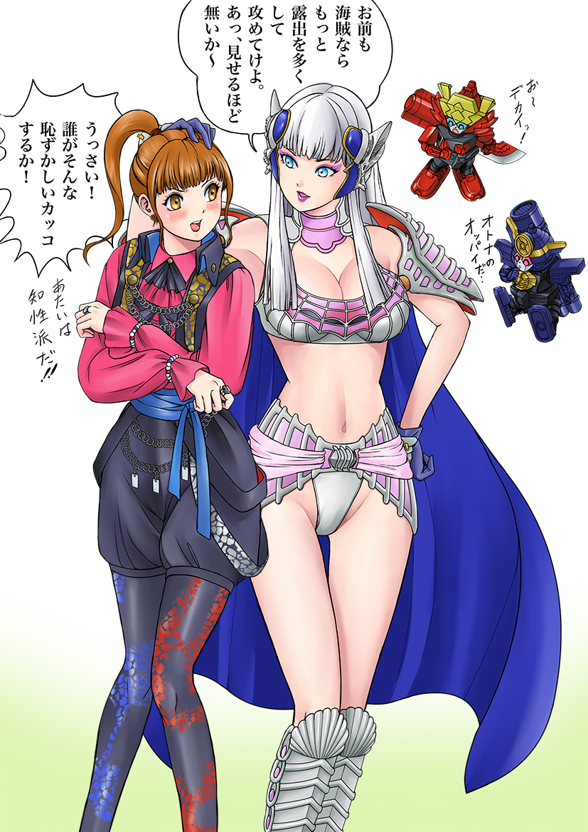 2girls, blue_eyes, brown_eyes, flint_goldtsuiker, iwa, kikai_sentai_zenkaiger, multiple_girls, seijuu_sentai_gingaman