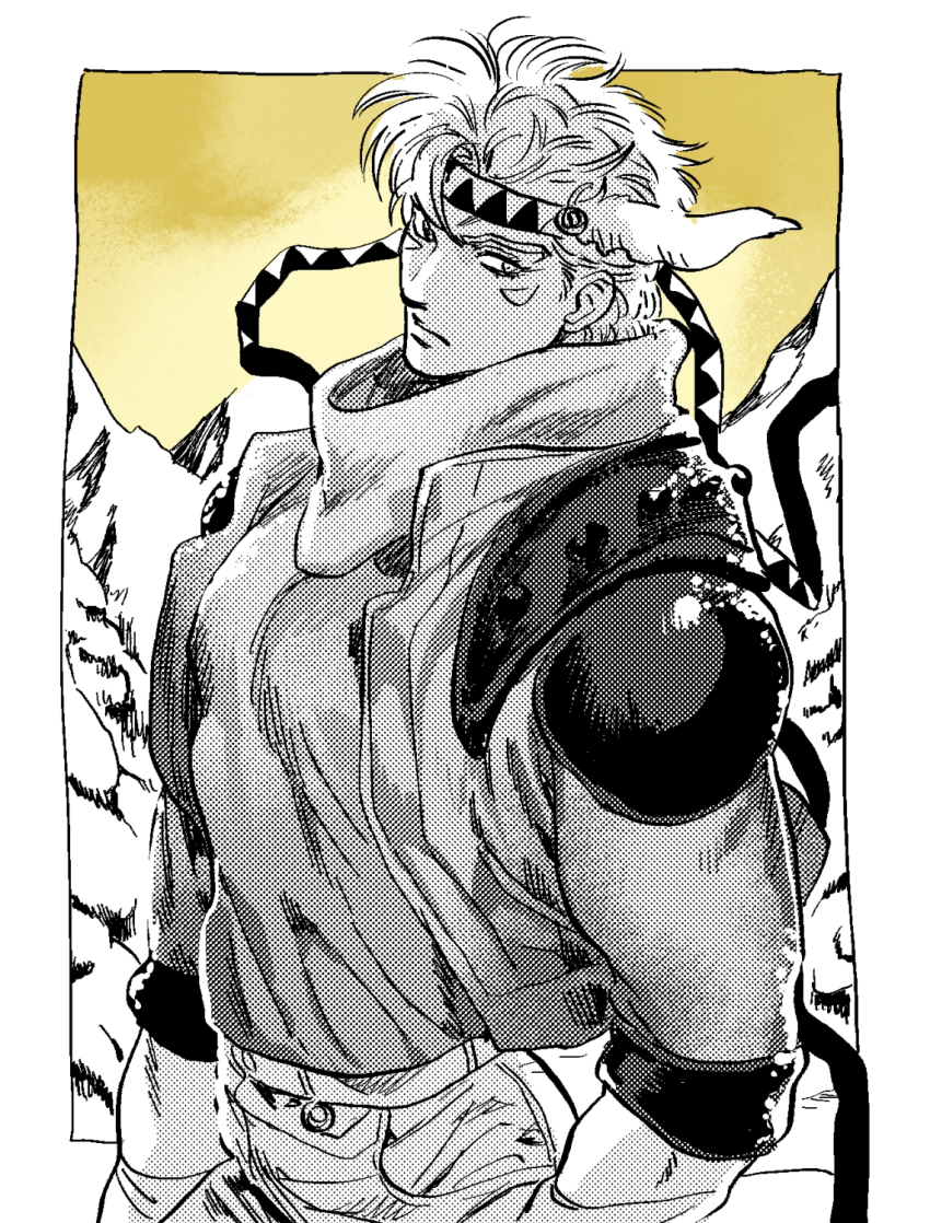1boy, battle_tendency, blonde_hair, caesar_anthonio_zeppeli, facial_mark, headband, headband_feathers, highres, jacket, jojo_no_kimyou_na_bouken, male_focus, monochrome, mountain, nitako, scarf, short_hair, snow, solo, spot_color, winged_hair_ornament
