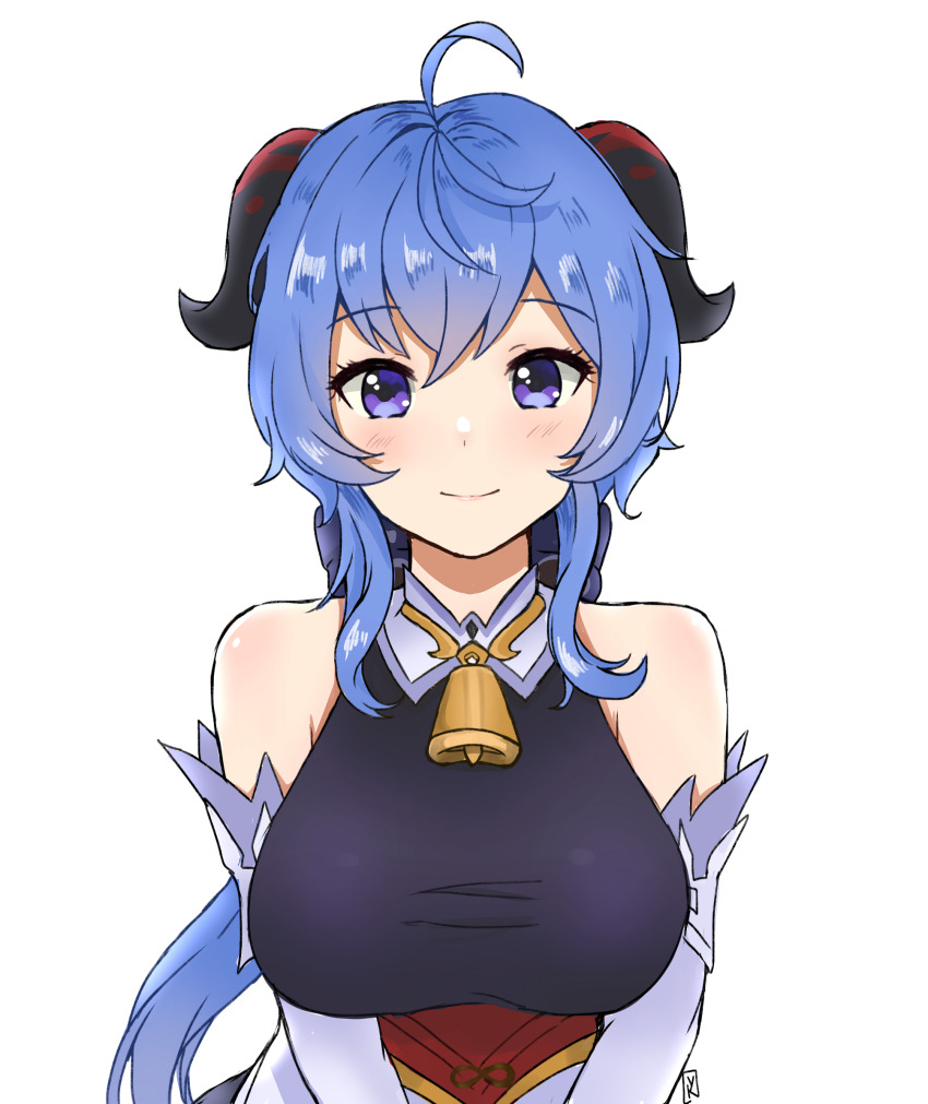 1girl, bell, blue_eyes, blue_hair, breasts, cowbell, cowlick, detached_sleeves