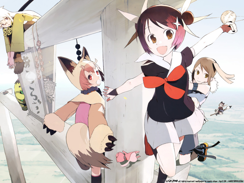 00s, 1boy, 4girls, animal_ears, antenna_hair, armband, azami, azami_(himawari)