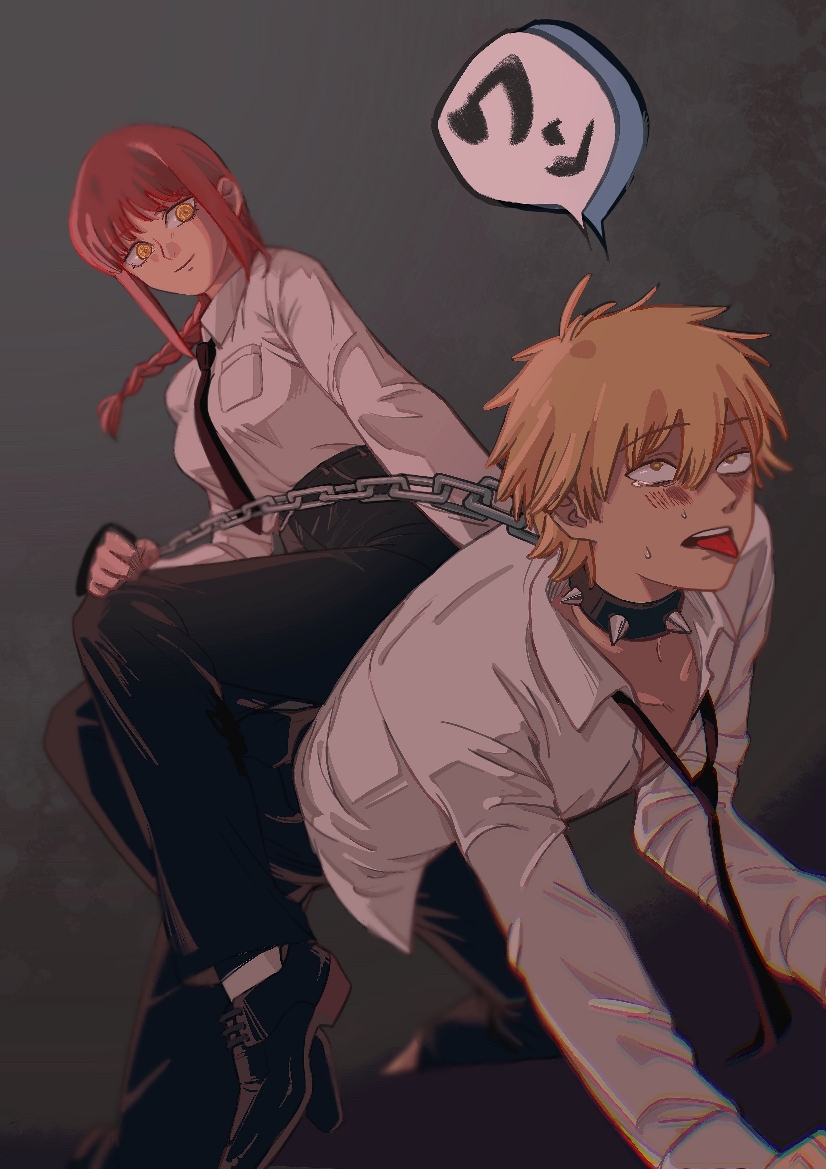 1boy, 1girl, all_fours, animal_collar, black_necktie, blonde_hair, blush, braid, braided_ponytail, breasts, brown_hair, business_suit, chain, chain_leash, chainsaw_man, collar, denji_(chainsaw_man), femdom, formal_clothes, hetero, isansia, leash, leash_pull, light_smile, long_hair, makima_(chainsaw_man), medium_breasts, necktie, office_lady, ringed_eyes, shirt_tucked_in, short_hair, sitting, sitting_on_person, smile, speech_bubble, suit, tearing_up, tears, tongue, tongue_out, yellow_eyes