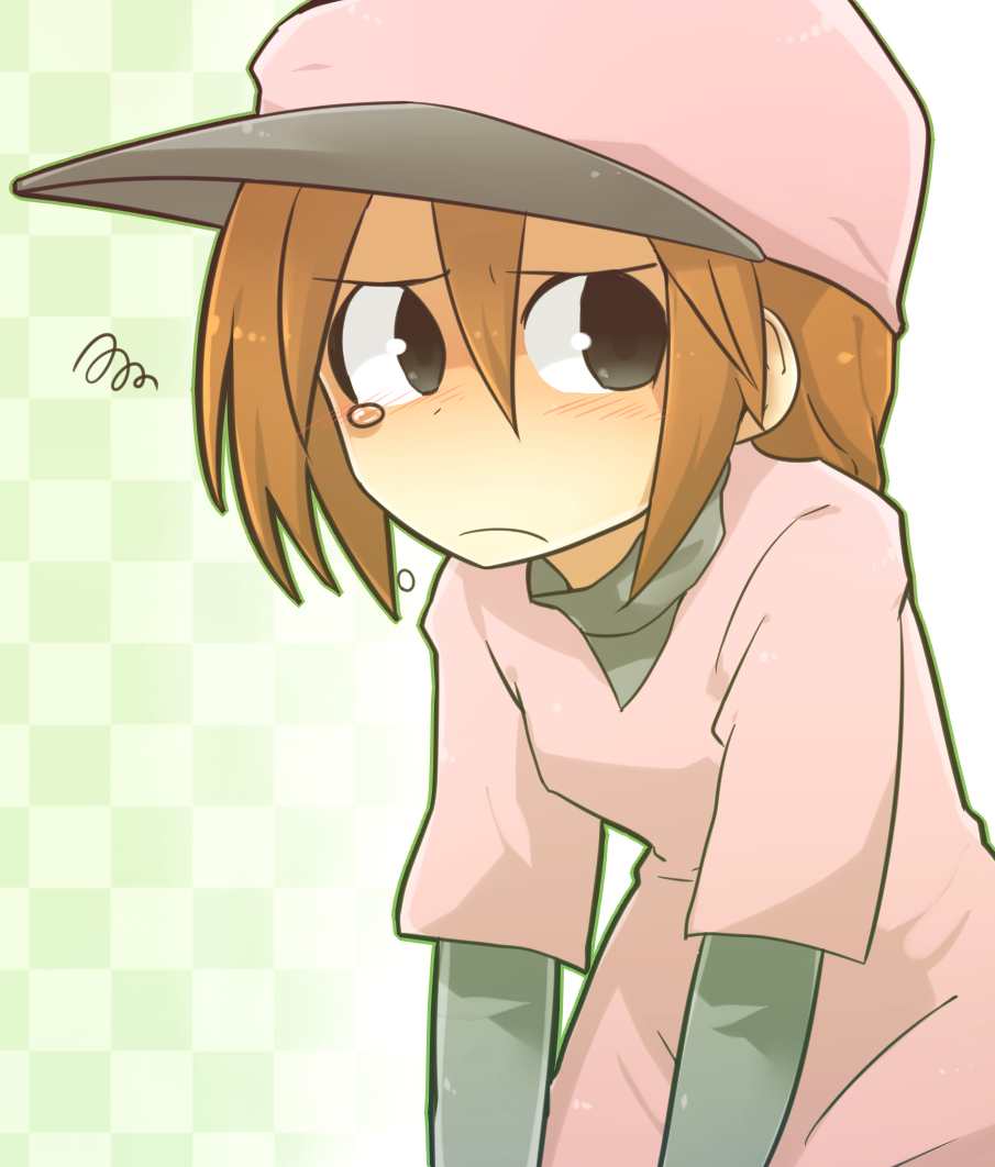 1girl, baseball_cap, black_eyes, blush, brown_hair, checkered_background, frown, furrowed_brow