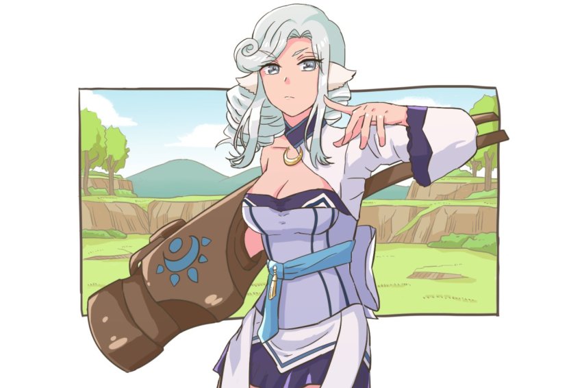 1girl, animal_ears, aquaplus, blue_hair, blue_sky, breasts, cleavage, closed_mouth