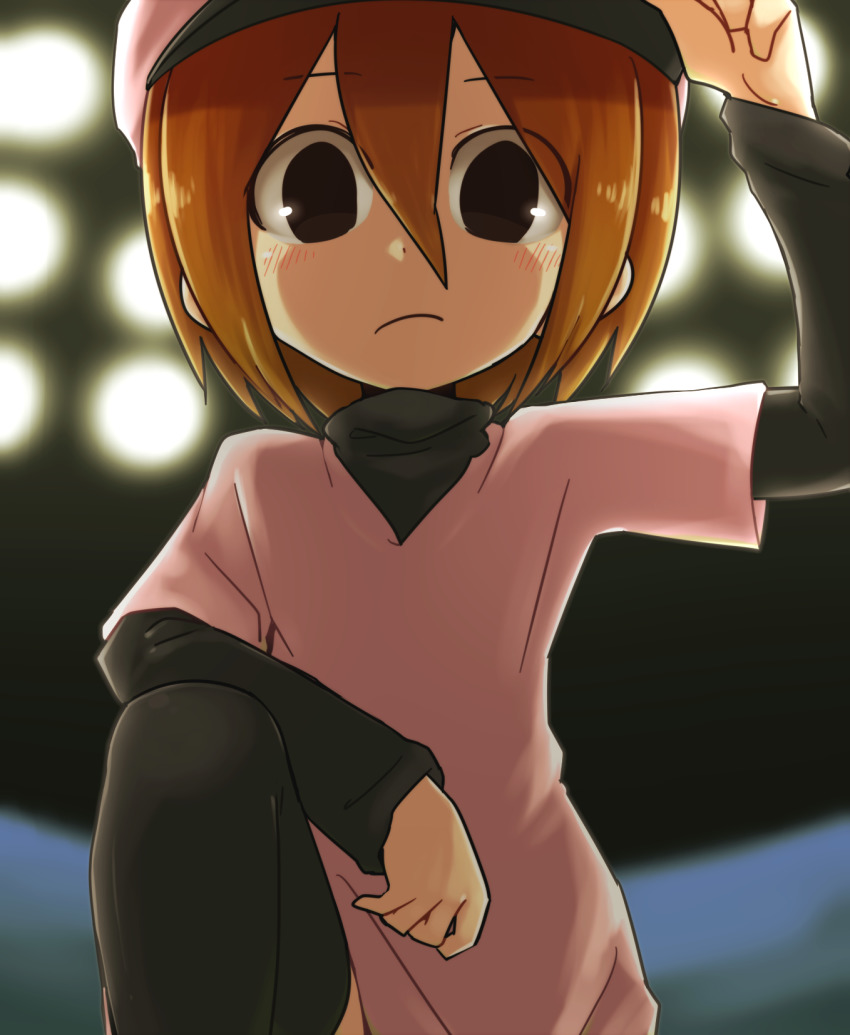 1girl, adjusting_clothes, adjusting_headwear, arm_on_knee, baseball_cap, black_eyes, black_shirt, black_thighhighs, blurry, blurry_background, blush, brown_hair, curled_fingers, expressionless, frown, hair_between_eyes, hand_to_head, hat, highres, jiima_tarou, knee_up, kneeling, layered_clothes, long_sleeves, looking_at_viewer, looking_down, minna_no_rhythm_tengoku, pink_hat, pink_shirt, pitcher-chan, pitcher_(rhythm_tengoku), rhythm_tengoku, shaded_face, shirt, short_hair, short_sleeves, solo, stadium_lights, thighhighs, v-neck