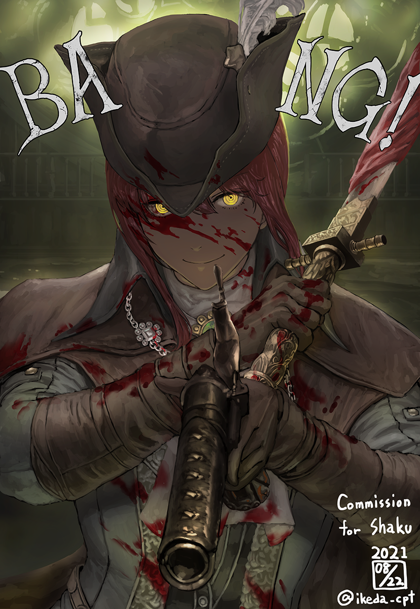 1girl, antique_firearm, blood, blood_on_clothes, blood_on_face, bloodborne, brooch, buttons, chainsaw_man, coat, commission, cosplay, dated, dual_wielding, english_text, firearm, firelock, flintlock, gloves, gun, hair_between_eyes, handgun, hat, highres, holding, holding_gun, holding_sword, holding_weapon, ikeda_(cpt), interior, jewelry, lady_maria_of_the_astral_clocktower, lady_maria_of_the_astral_clocktower_(cosplay), makima_(chainsaw_man), red_hair, ringed_eyes, sidelocks, skeb_commission, solo, sword, tricorne, trigger_discipline, twitter_username, weapon, yellow_eyes