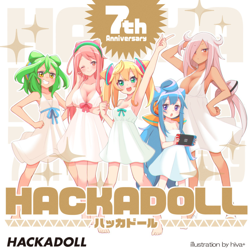 1boy, 4girls, arm_up, armpits, artist_request, bare_shoulders, blonde_hair, blue_hair