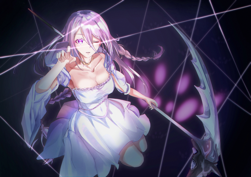 1girl, absurdres, alian2020, braid, breasts, choker, cleavage, collarbone, detached_sleeves, dress, extra_pupils, hair_between_eyes, highres, holding, holding_scythe, huge_filesize, kumo_desu_ga_nani_ka?, kumoko_(kumo_desu_ga_nani_ka?), large_breasts, long_hair, multiple_braids, one_eye_closed, purple_eyes, scythe, shiraori, silk, silver_hair, sleeveless, sleeveless_dress, solo, spider_web, very_long_hair, white_dress, yellow_choker