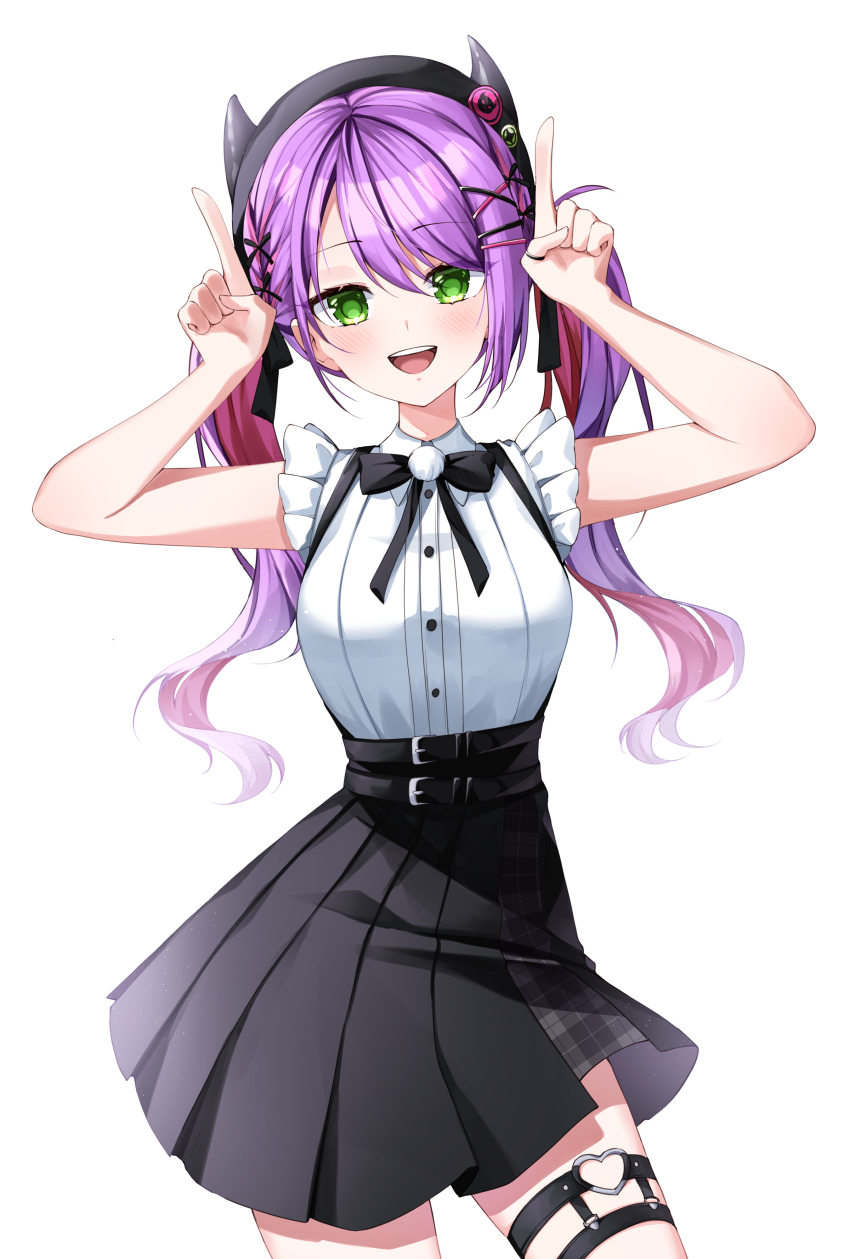 1girl, :d, absurdres, bare_arms, black_bow, black_bowtie, black_headwear, black_skirt