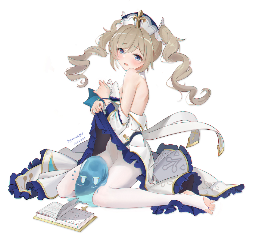 1girl, absurdres, back, barbara_(genshin_impact), between_legs, blue_eyes, blush, book