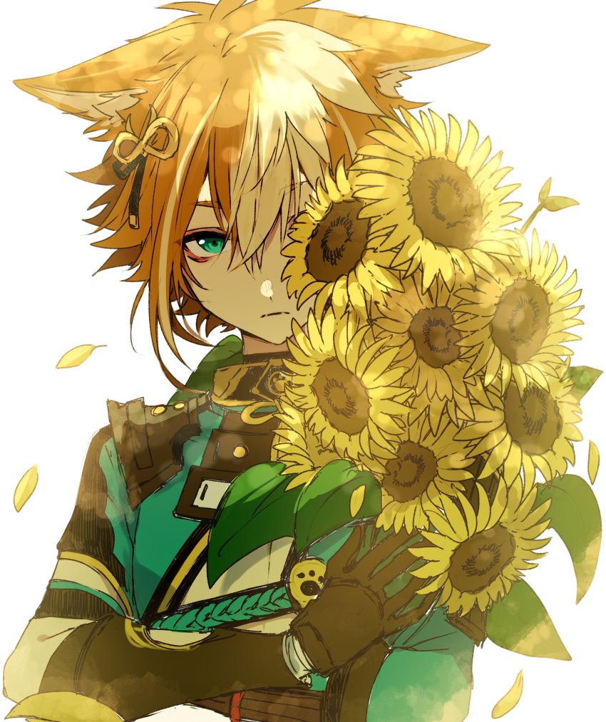 1boy, animal_ears, armor, black_gloves, blue_eyes, brown_hair, closed_mouth, flower