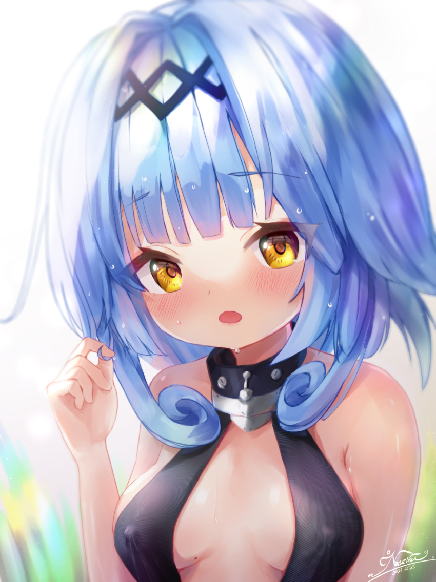 1girl, azur_lane, blue_hair, blunt_bangs, blurry, breasts, cleavage, commentary_request