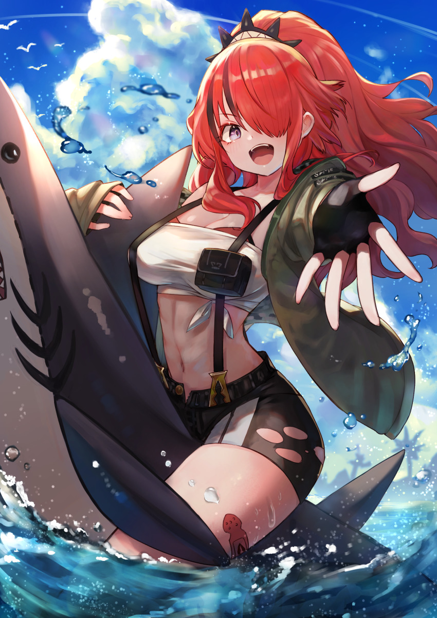 1girl, :d, bandaid, bandaid_on_arm, bandaid_on_leg, bare_shoulders, bike_shorts, bike_shorts_under_shorts