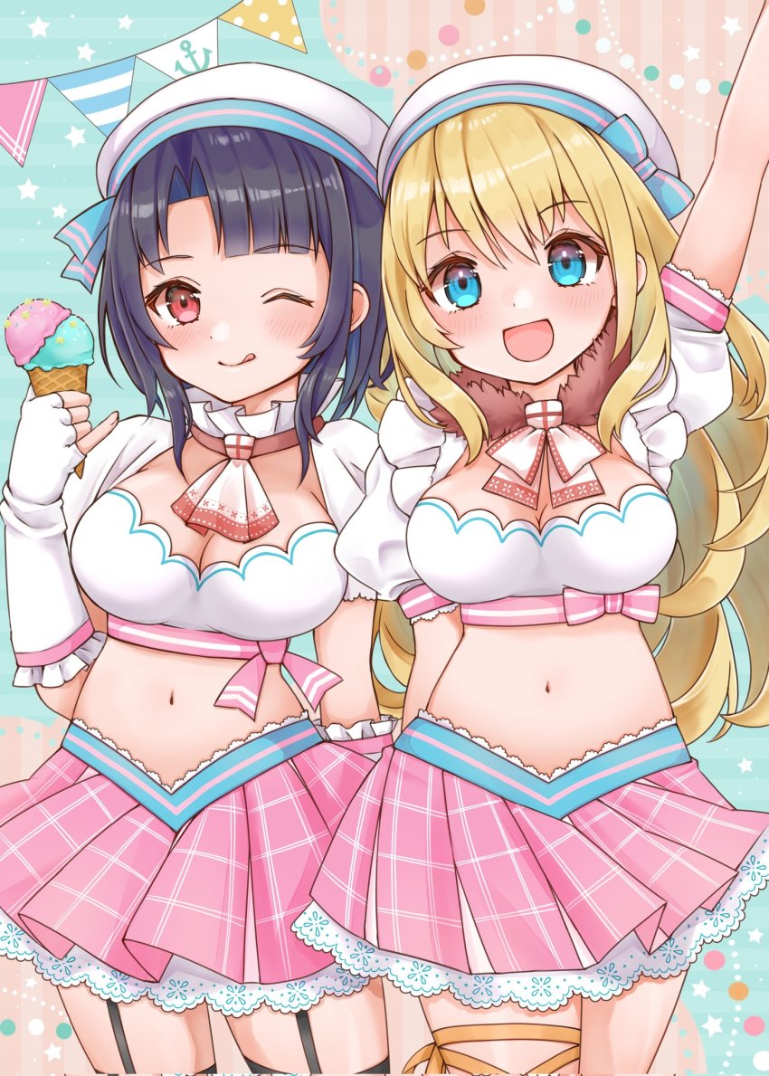 2girls, :q, alternate_costume, anchor_symbol, arm_up, atago_(kancolle), black_hair, blonde_hair