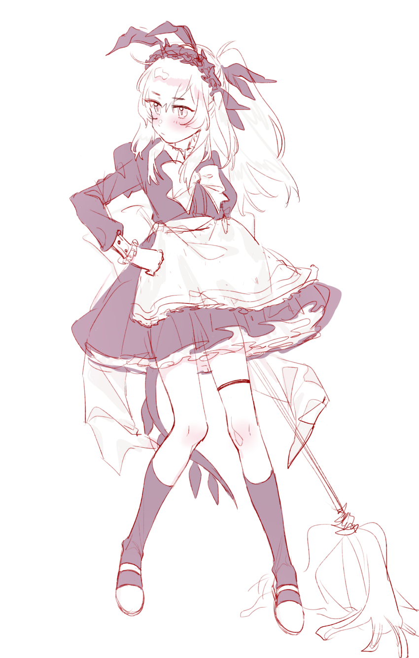 1girl, absurdres, antennae, apron, arknights, blush, bow, chinese_commentary