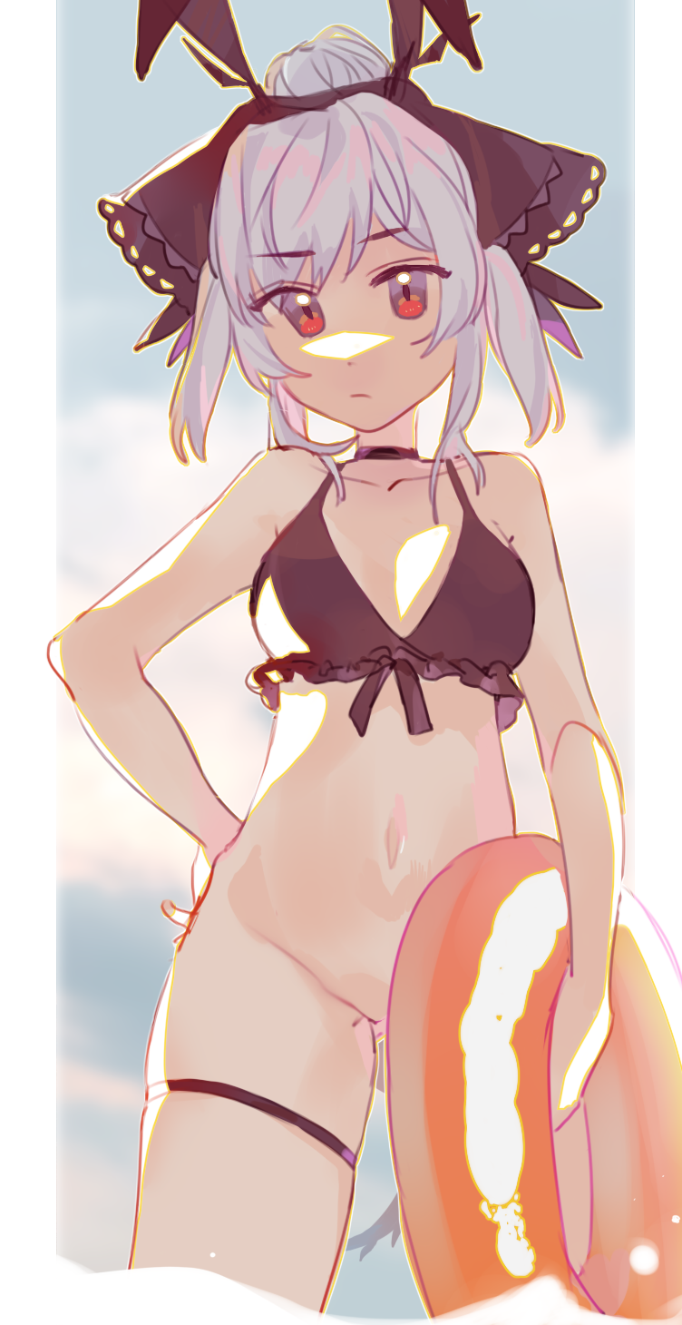 1girl, antennae, arknights, bare_arms, bikini, bikini_top_only, black_bikini, black_choker, black_headwear, blurry, blurry_background, border, bottomless, breasts, chinese_commentary, choker, closed_mouth, collarbone, commentary_request, cowboy_shot, eyes_visible_through_hair, frilled_bikini, frills, hair_bun, hand_on_own_hip, headdress, highres, innertube, kemono_(fukanasumi), long_hair, looking_at_viewer, navel, red_eyes, single_hair_bun, small_breasts, solo, swim_ring, swimsuit, thigh_strap, weedy_(arknights), white_border, white_hair