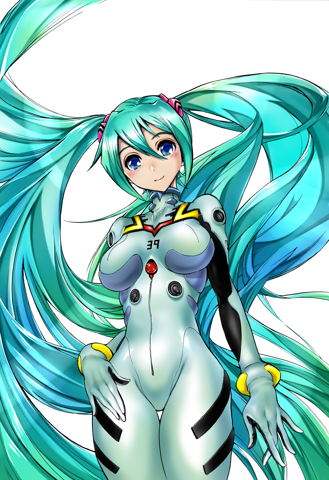 1girl, aqua_bodysuit, aqua_eyes, aqua_hair, ayanami_rei_(cosplay), bad_id, bad_pixiv_id, blue_eyes, bodysuit, breasts, cosplay, crossover, female_focus, hatsune_miku, highres, kumayan, large_breasts, long_hair, mecha_pilot_suit, neon_genesis_evangelion, okuma_yuugo, parody, plugsuit_(cosplay), plugsuit_(evangelion), simple_background, smile, solo, thigh_gap, thighs, twintails, very_long_hair, vocaloid