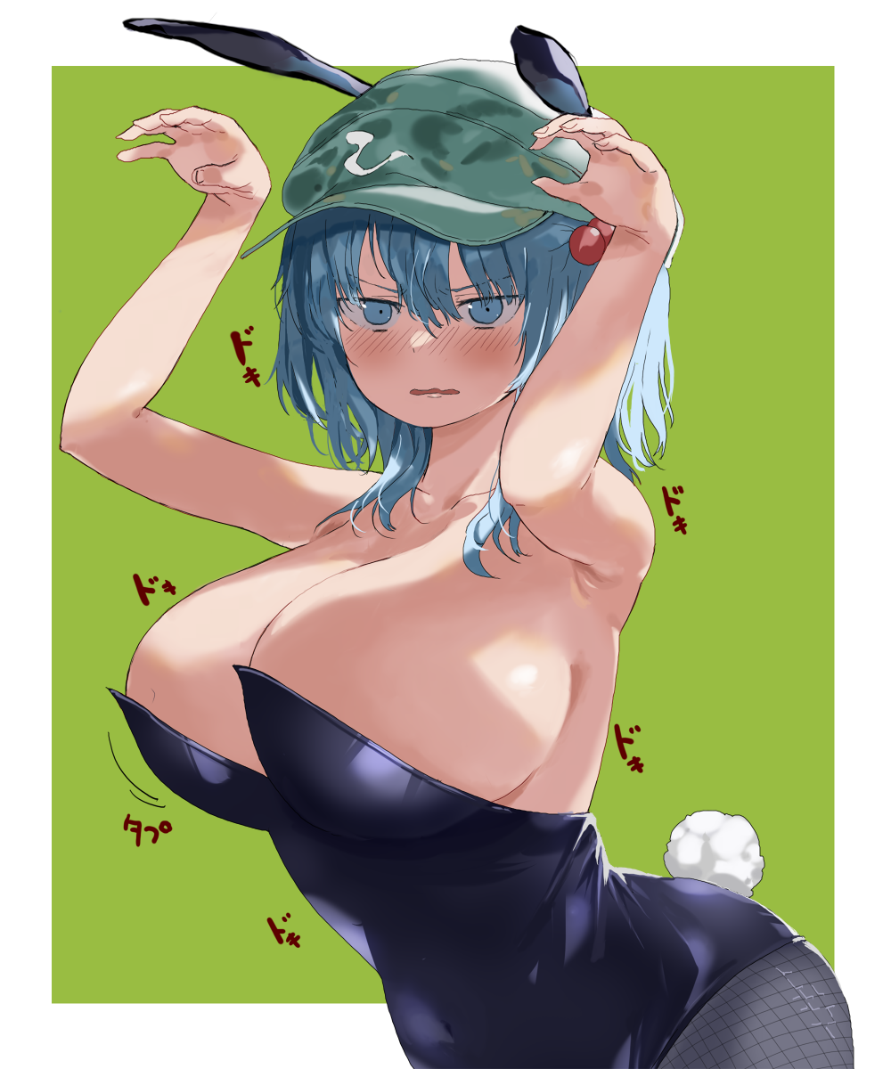 1girl, animal_ears, armpits, blue_hair, blush, blush_stickers, breasts, cleavage
