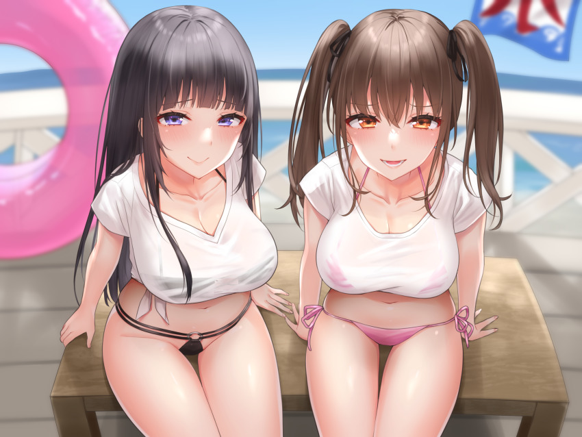 2girls, bench, bikini, bikini_under_clothes, black_bikini, black_hair, blouse, blunt_bangs, breasts, brown_hair, cleavage, closed_mouth, collarbone, crossed_bangs, curved_horizon, day, fence, fisheye, hair_between_eyes, highres, horizon, innertube, large_breasts, long_hair, looking_at_viewer, lower_teeth_only, multiple_girls, non-web_source, o-ring, o-ring_bikini, ocean, open_mouth, original, outdoors, pink_bikini, purple_eyes, red_eyes, see-through_clothes, see-through_shirt, shirt, side-tie_bikini_bottom, sidelocks, sitting, smile, swim_ring, swimsuit, swimsuit_under_clothes, teeth, tied_shirt, twintails, white_shirt, wooden_floor, yamamura_umi