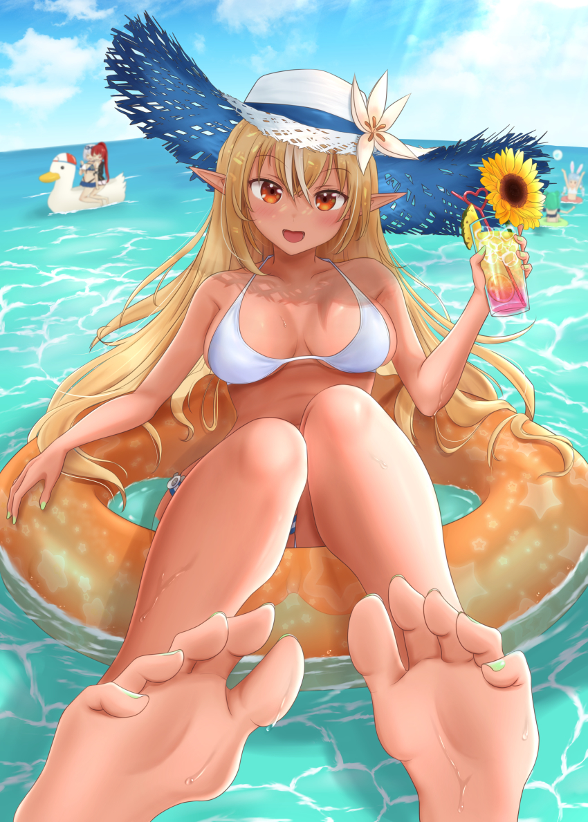 5girls, :d, absurdres, barefoot, bikini, blush, breasts, cocktail, dark-skinned_female, dark_skin, feet, female_focus, flower, green_nails, hat, hat_flower, highres, hololive, houshou_marine, houshou_marine_(summer), innertube, kaigan, large_breasts, looking_at_viewer, multiple_girls, nail_polish, navel, open_mouth, orange_eyes, outdoors, pointy_ears, shiranui_flare, shirogane_noel, shirogane_noel_(summer_2020), sitting, smile, straw_hat, subaru_duck, sunflower, swim_ring, swimsuit, toenail_polish, toenails, uruha_rushia, usada_pekora, virtual_youtuber, wet
