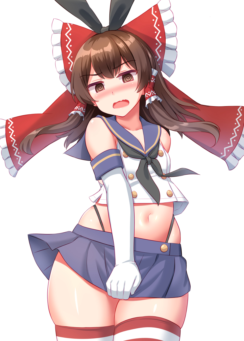 1girl, @_@, absurdres, black_hairband, blue_skirt, bow, brown_eyes, brown_hair