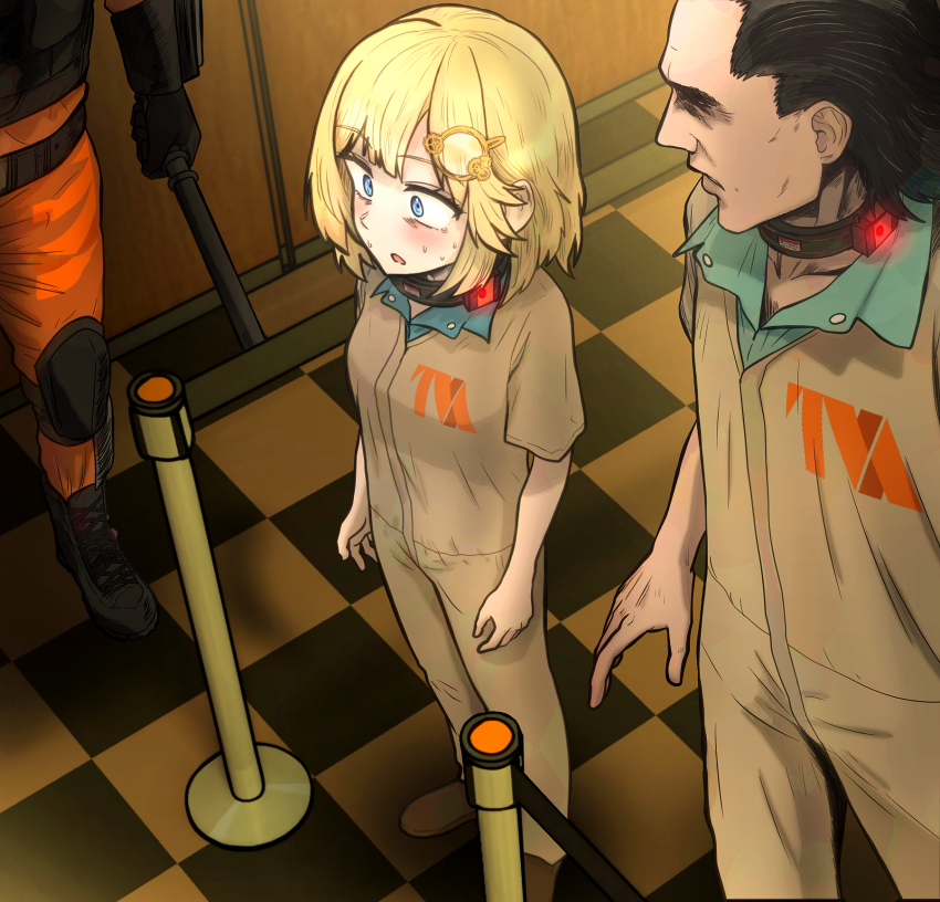1girl, baton_(weapon), blonde_hair, blue_eyes, blush, checkered_floor, collar, ddolbang, hair_ornament, highres, hololive, hololive_english, loki_(disney+), loki_(marvel), marvel, open_mouth, prison_clothes, shirt, sweat, virtual_youtuber, watson_amelia, weapon, wide-eyed