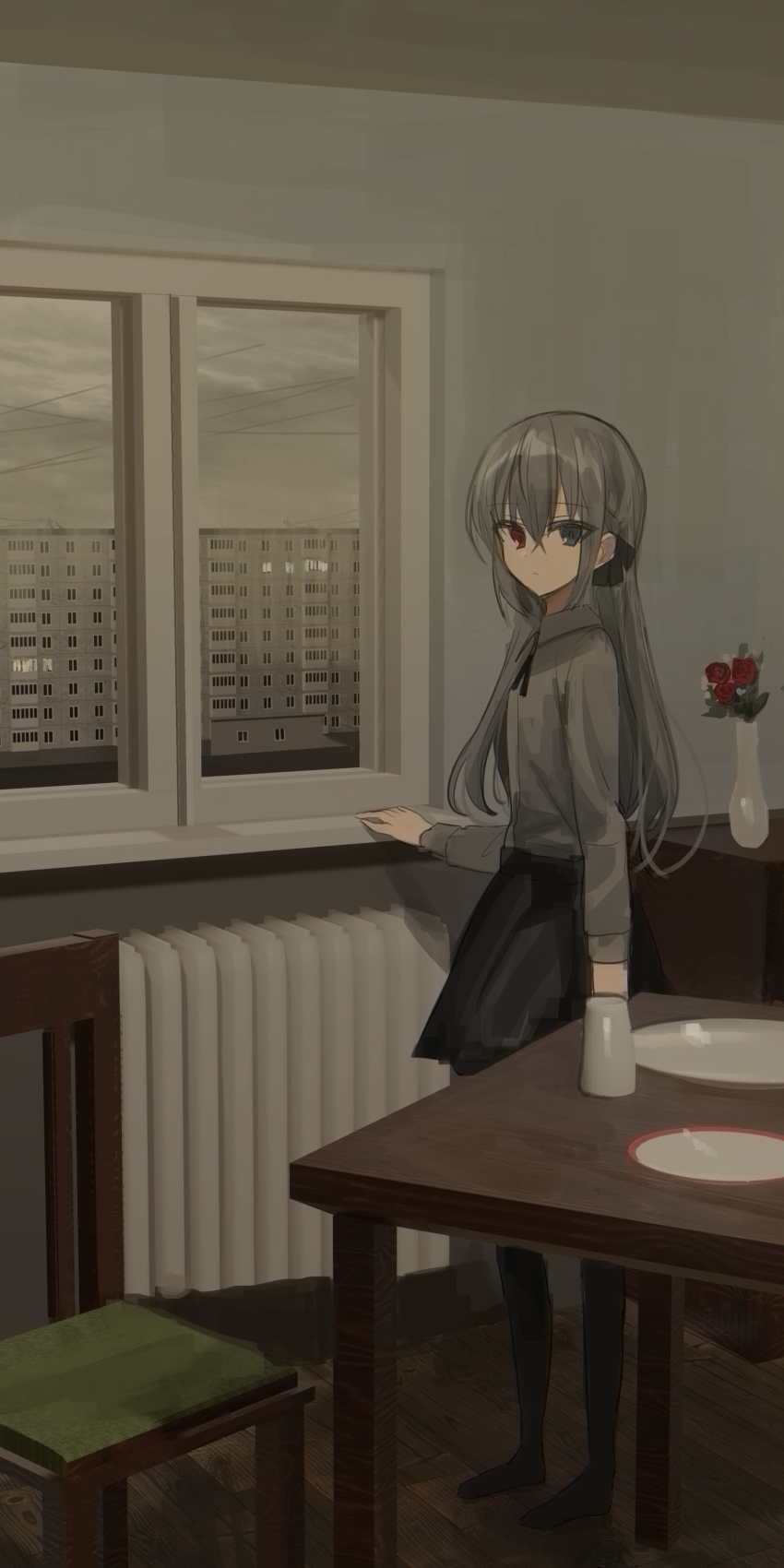 1girl, absurdres, black_bow, black_pantyhose, black_skirt, bow, braid, building, chair, chihuri, collared_shirt, eve_(chihuri), flower, grey_eyes, grey_hair, grey_shirt, hair_between_eyes, hair_bow, heterochromia, highres, indoors, long_hair, long_sleeves, no_shoes, original, pantyhose, plate, pleated_skirt, radiator, red_eyes, red_flower, red_rose, rose, shirt, skirt, solo, standing, table, vase, very_long_hair, white_flower, window, wooden_floor