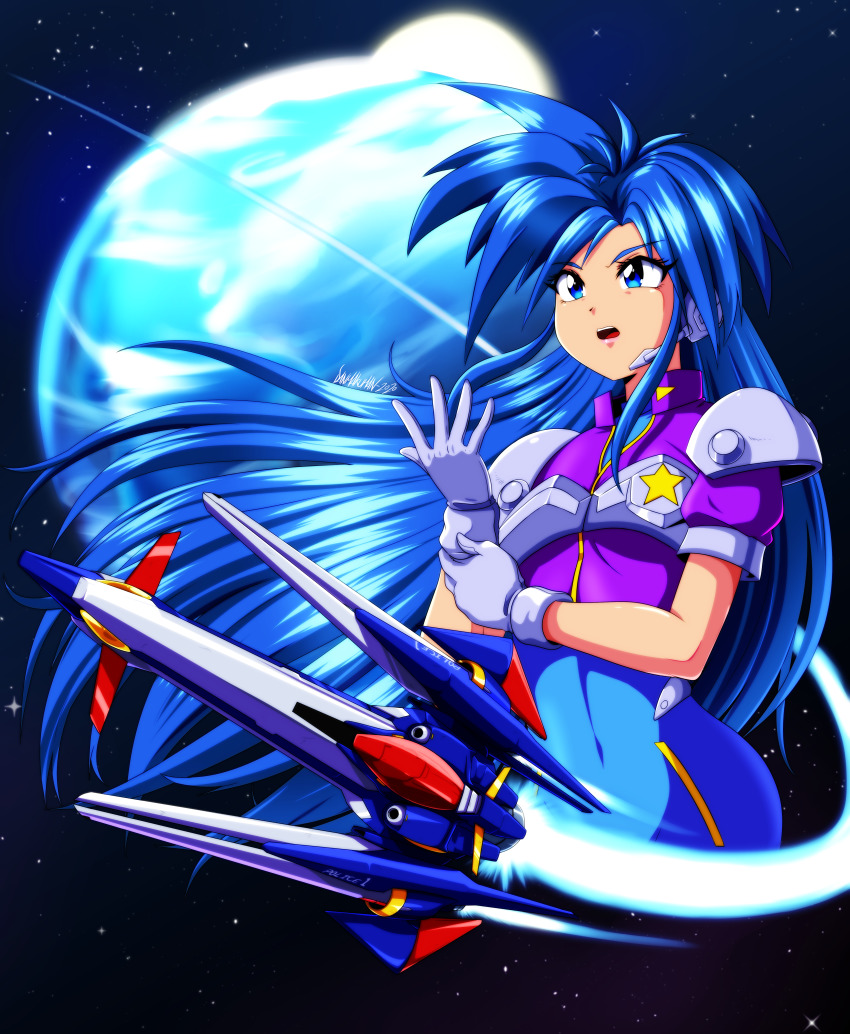 1girl, absurdres, blue_eyes, blue_hair, character_request, danmakuman, ginga_fukei_densetsu_sapphire, gloves, headset, highres, huge_filesize, lips, long_hair, looking_away, open_mouth, short_sleeves, signature, solo, teeth, very_long_hair, white_gloves