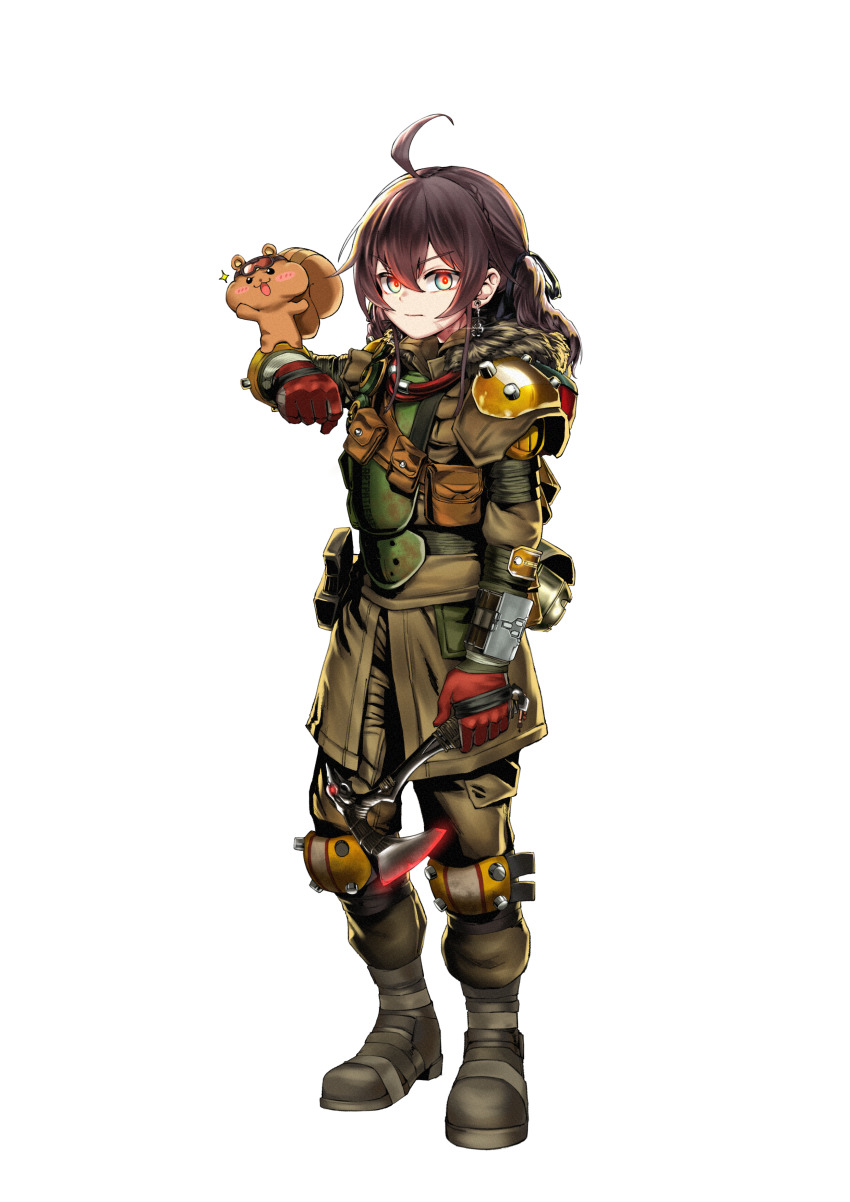 1girl, absurdres, animal_on_arm, apex_legends, artpatient, axe, black_boots, bloodhound_(apex_legends)