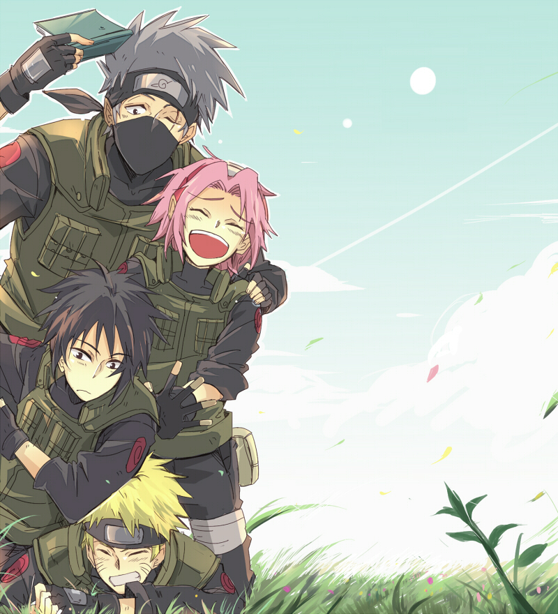 1girl, 3boys, :d, black_eyes, black_gloves, black_legwear, black_pants, black_shirt