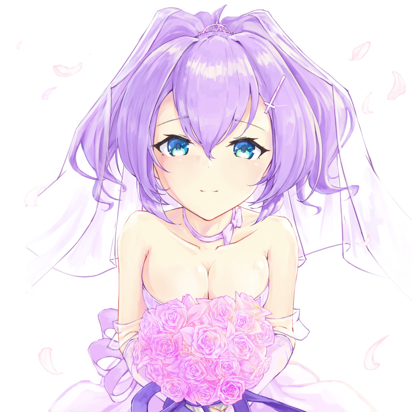 1girl, azur_lane, bare_shoulders, blue_eyes, bouquet, breasts, bridal_veil, choker