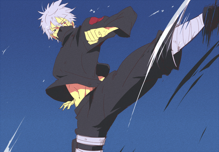 1boy, black_eyes, black_pants, black_shirt, blue_background, fighting, hair_between_eyes, hatake_kakashi