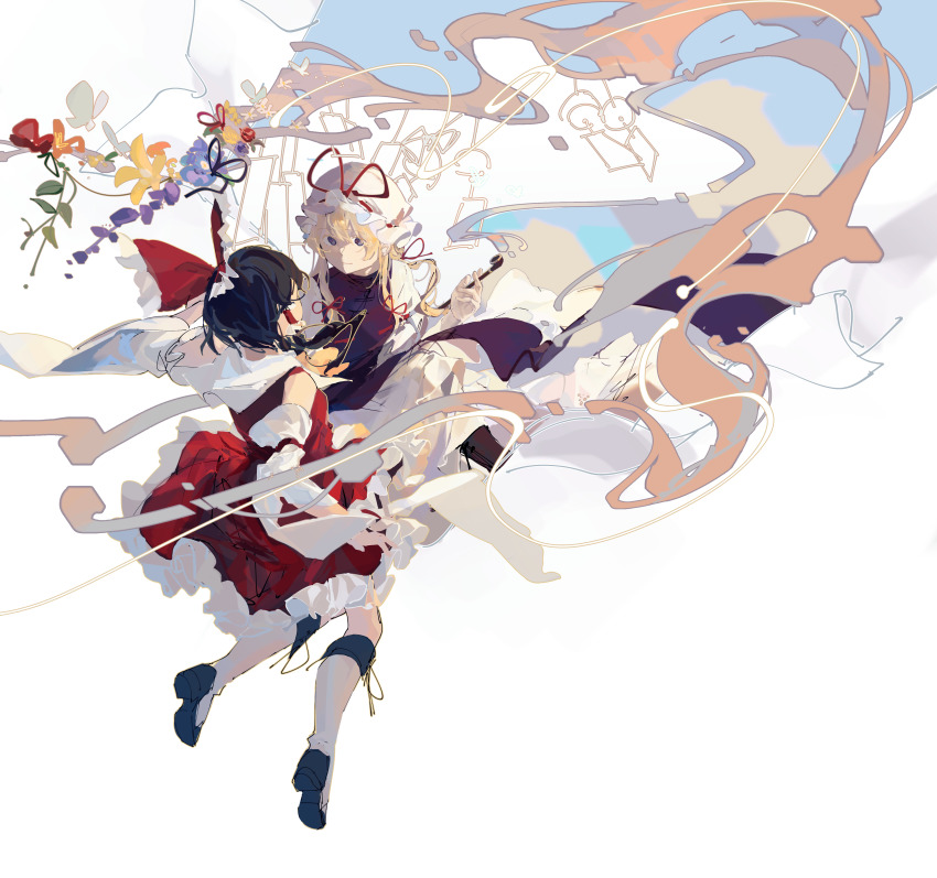 2girls, absurdres, black_hair, blonde_hair, boots, breasts, detached_sleeves, dress