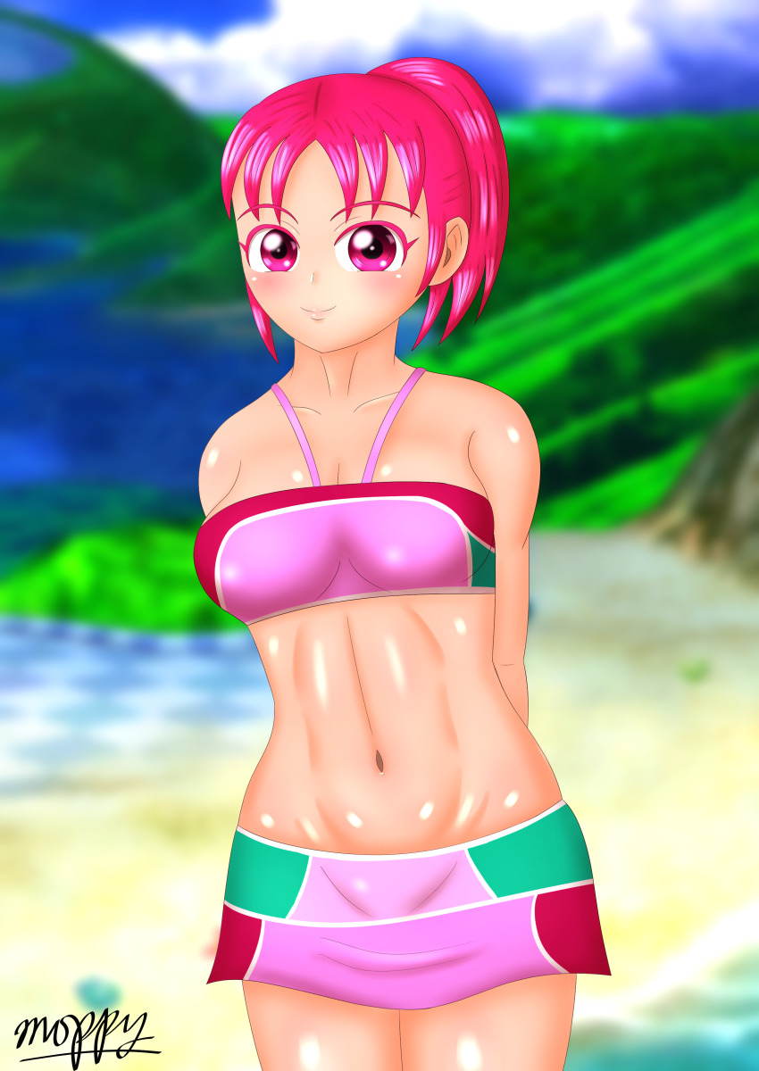 1girl, absurdres, arms_behind_back, artist_request, beach, bikini, blush, breasts